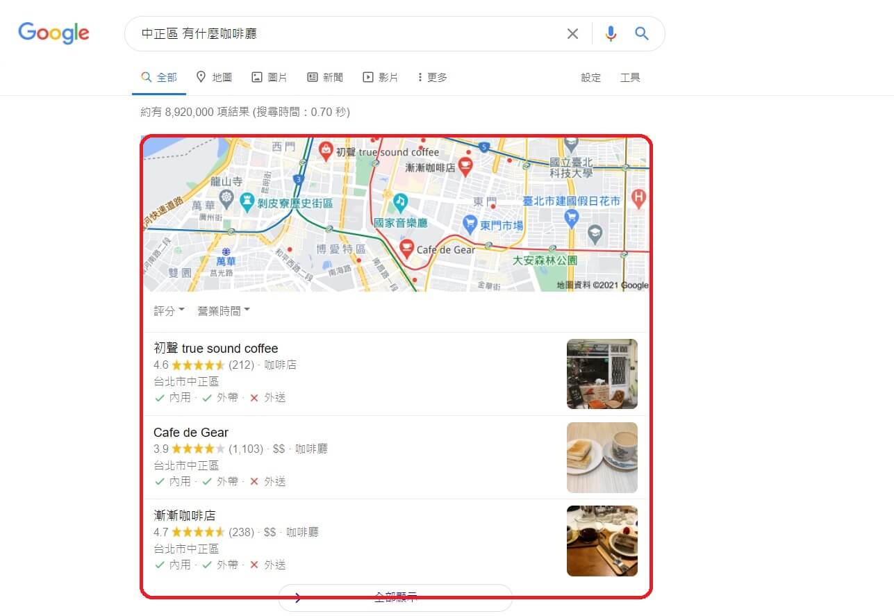 google本地搜尋中正區有什麼咖啡廳